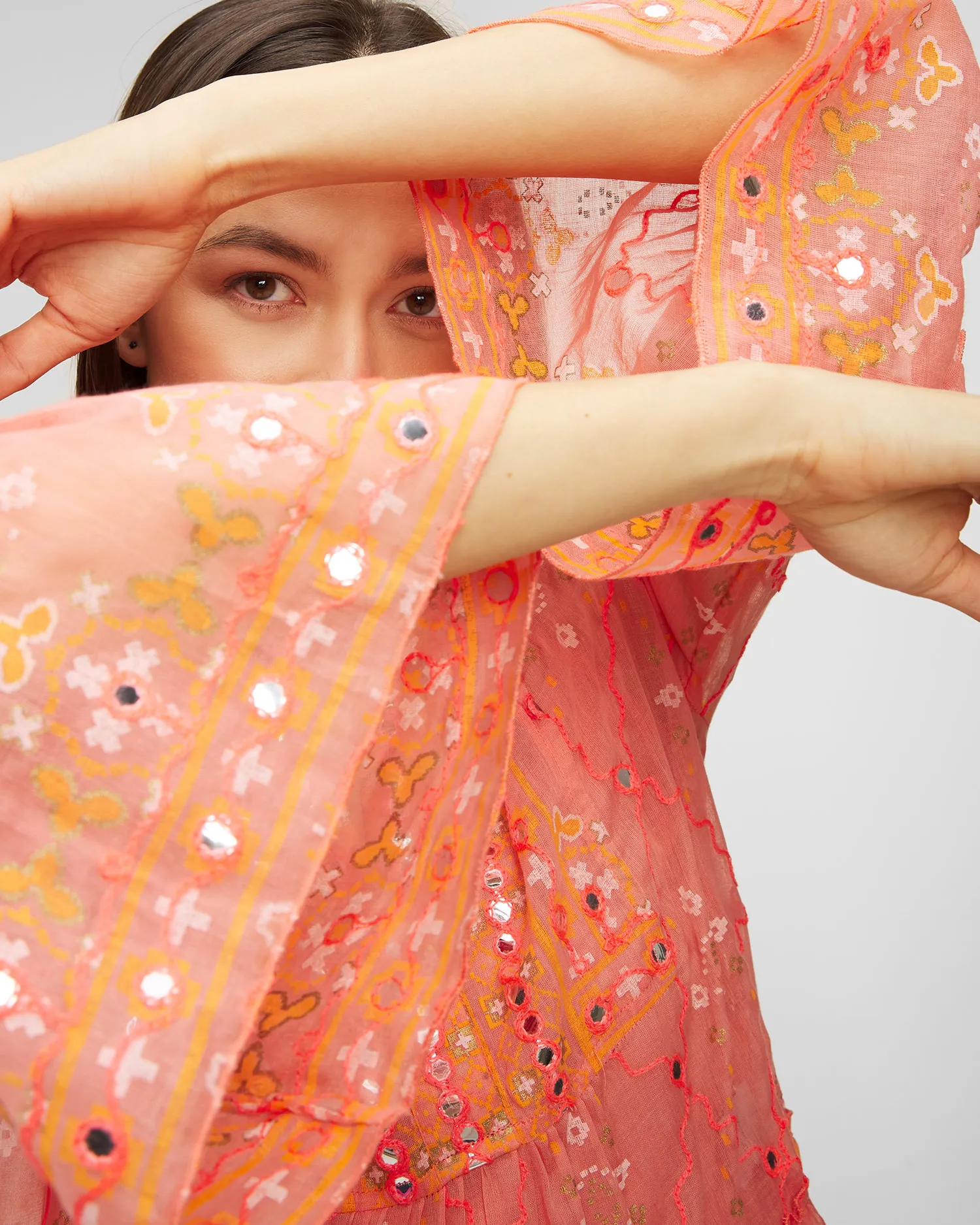 Abito Juliet Dunn Mosaic Flared Sleeve Dress JD6086-coral
