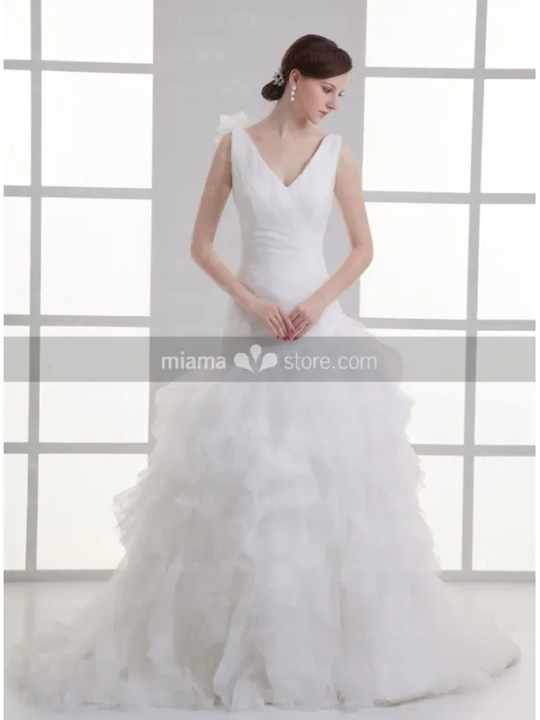 AGATHA - A-line V-neck Chapel train Organza Wedding dress