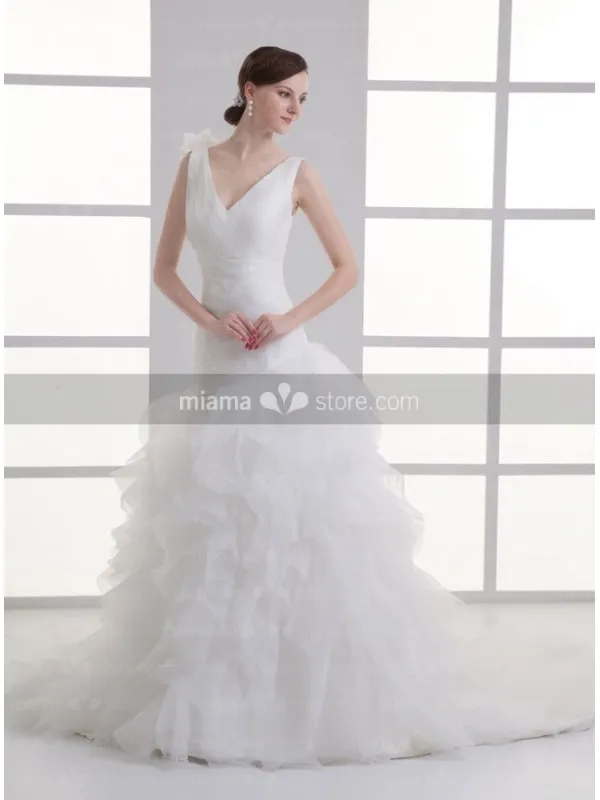 AGATHA - A-line V-neck Chapel train Organza Wedding dress