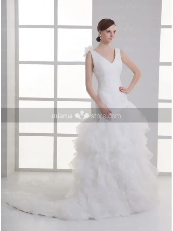 AGATHA - A-line V-neck Chapel train Organza Wedding dress