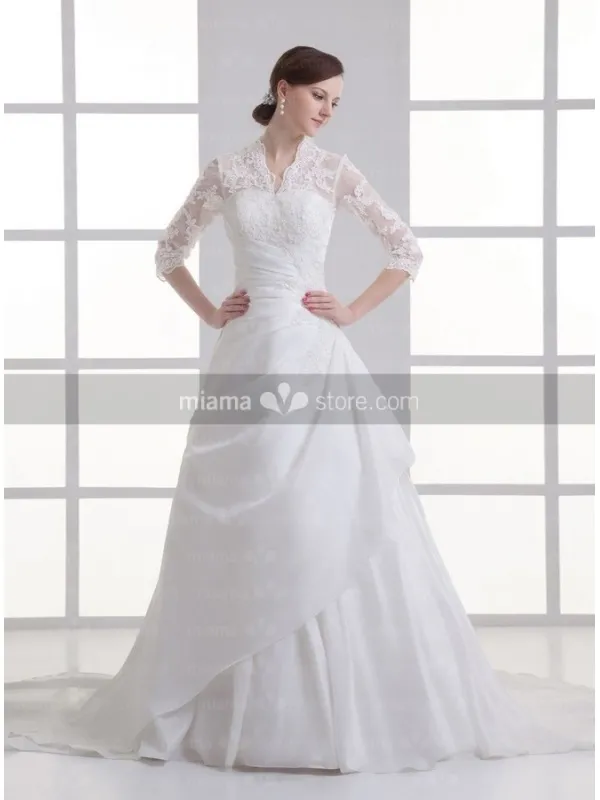 ALMA - A-line V-neck Chapel train Satin Wedding dress