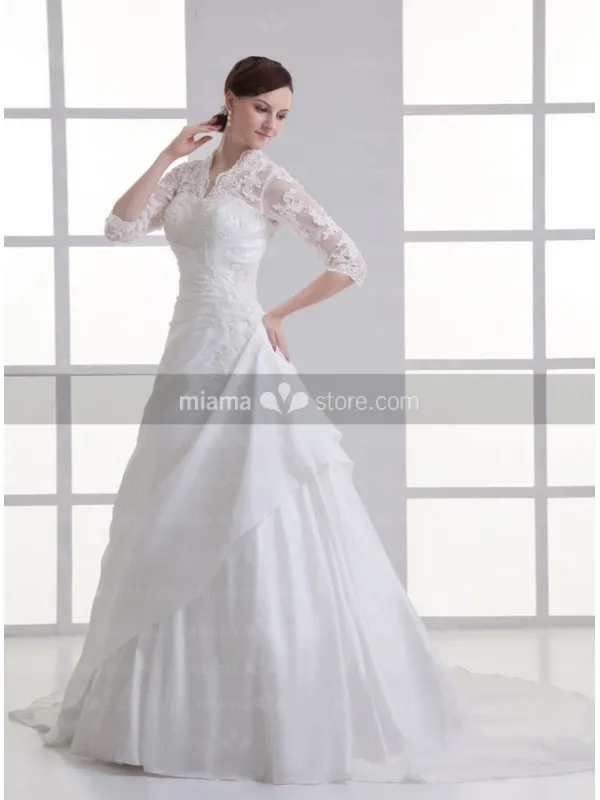 ALMA - A-line V-neck Chapel train Satin Wedding dress