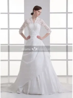 ALMA - A-line V-neck Chapel train Satin Wedding dress