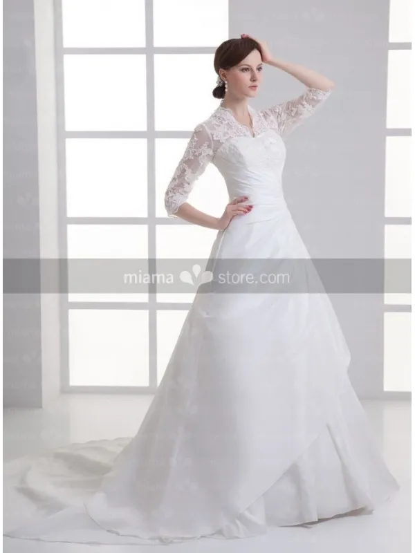 ALMA - A-line V-neck Chapel train Satin Wedding dress