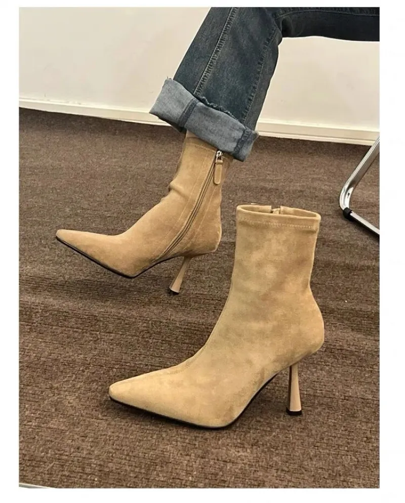 Apricot Short Boots For Women, Autumn And Winter High Heels, Stiletto Boots, Slim Boots, Temperament Mid-calf Elastic St