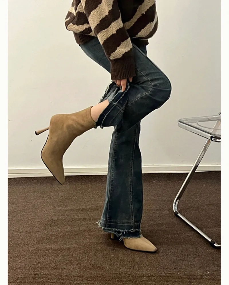 Apricot Short Boots For Women, Autumn And Winter High Heels, Stiletto Boots, Slim Boots, Temperament Mid-calf Elastic St