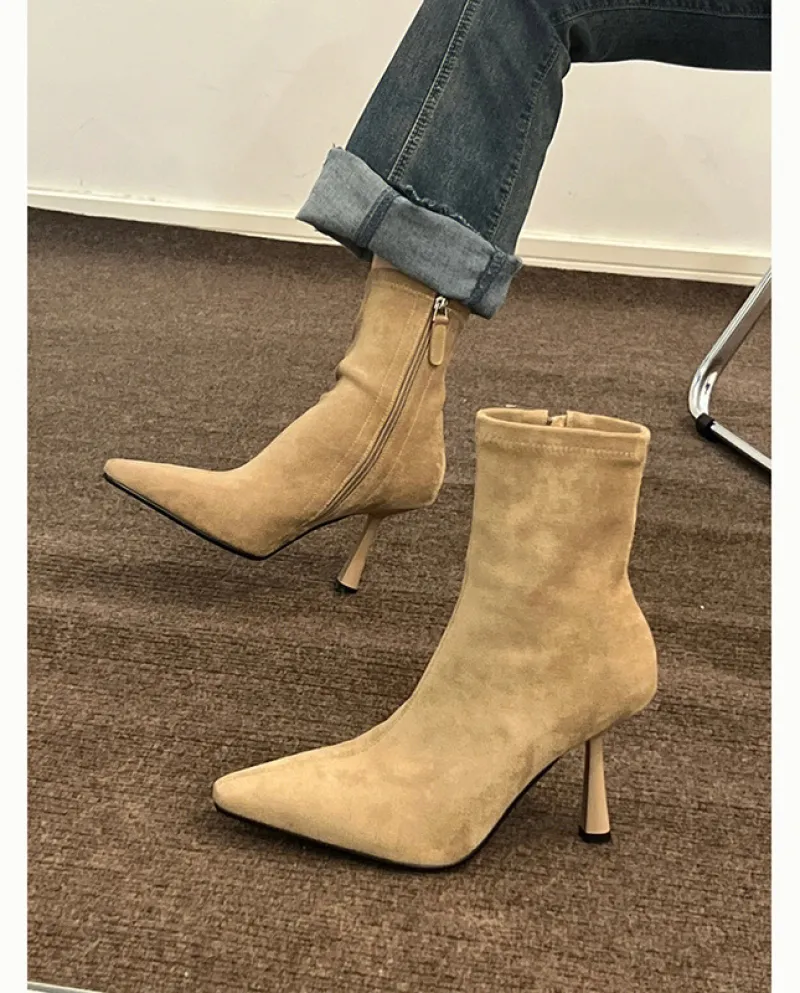 Apricot Short Boots For Women, Autumn And Winter High Heels, Stiletto Boots, Slim Boots, Temperament Mid-calf Elastic St