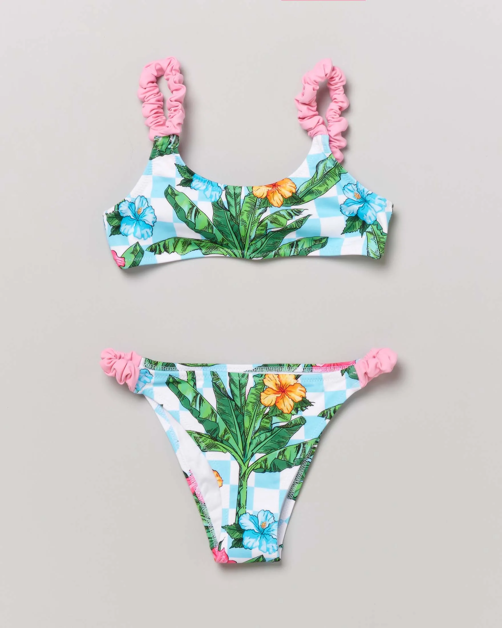 Bikini a bralette a quadretti bianchi e azzurri con stampa tropicale e spalline rosa arricciate 4-12 anni