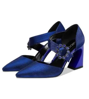 Blue Crystal Buckle Banquet Pumps Women Shoe Silk Pointed Toe Shoes Woman Elegant High Heels Wedding Shoeswomens Sandal