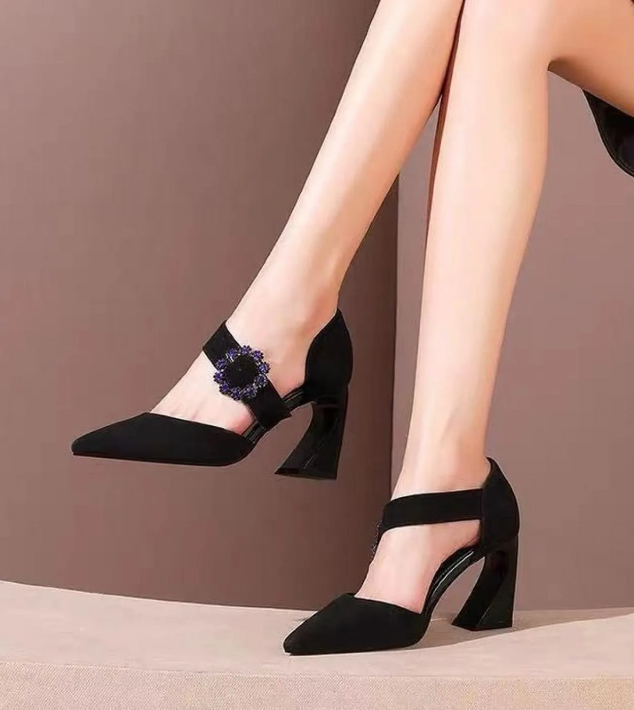 Blue Crystal Buckle Banquet Pumps Women Shoe Silk Pointed Toe Shoes Woman Elegant High Heels Wedding Shoeswomens Sandal