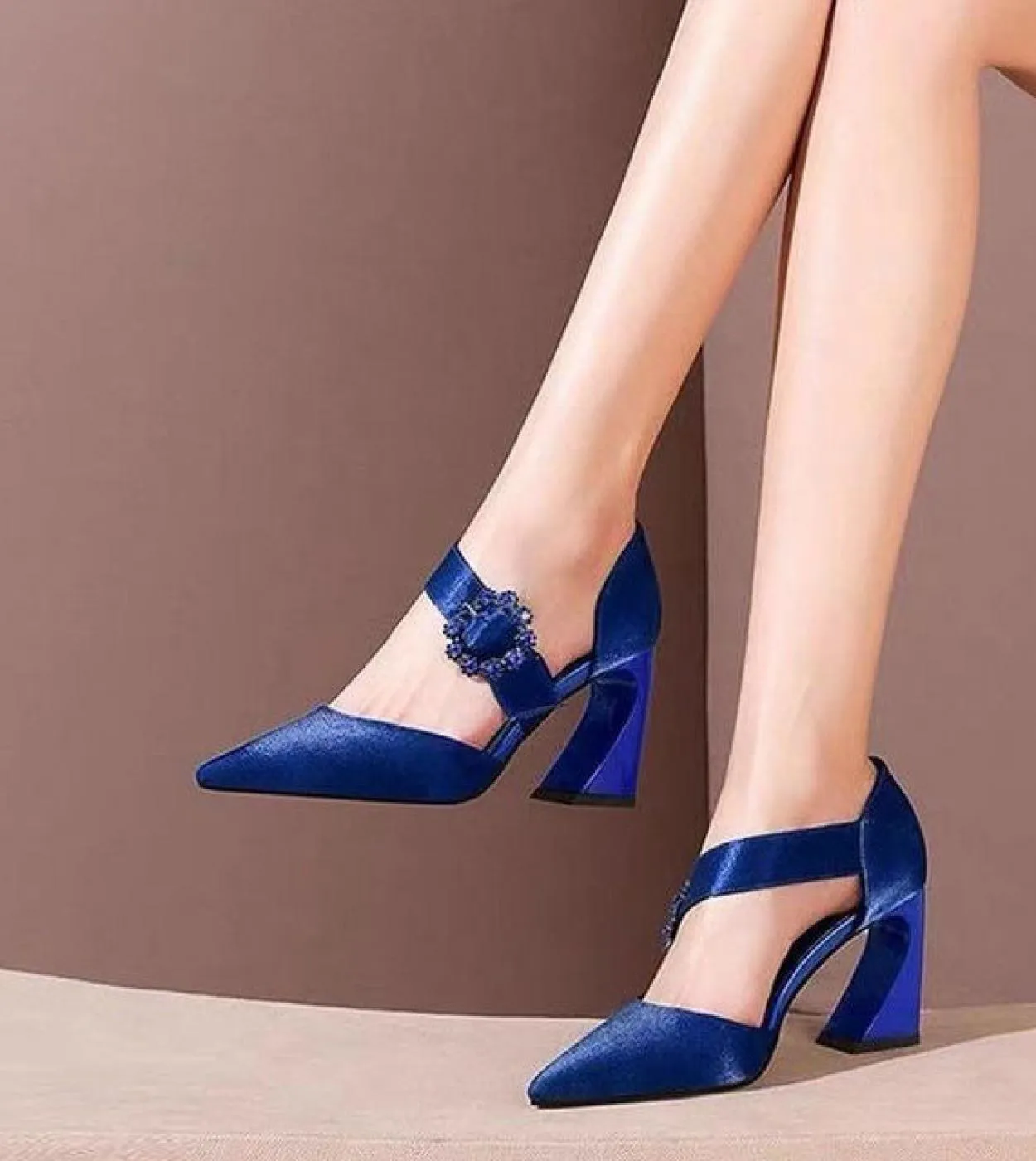 Blue Crystal Buckle Banquet Pumps Women Shoe Silk Pointed Toe Shoes Woman Elegant High Heels Wedding Shoeswomens Sandal