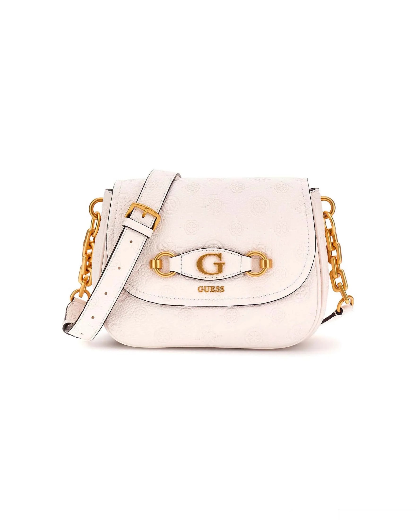 Borsa a tracolla bianca a triplo scomparto in similpelle a fantasia monogram a rilievo con patta logata