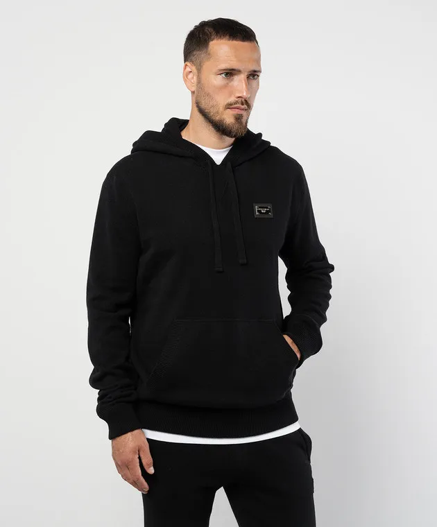 Dolce&Gabbana Felpa nera con cappuccio in lana e cashmere con patch logo GXO33TJEMQ3