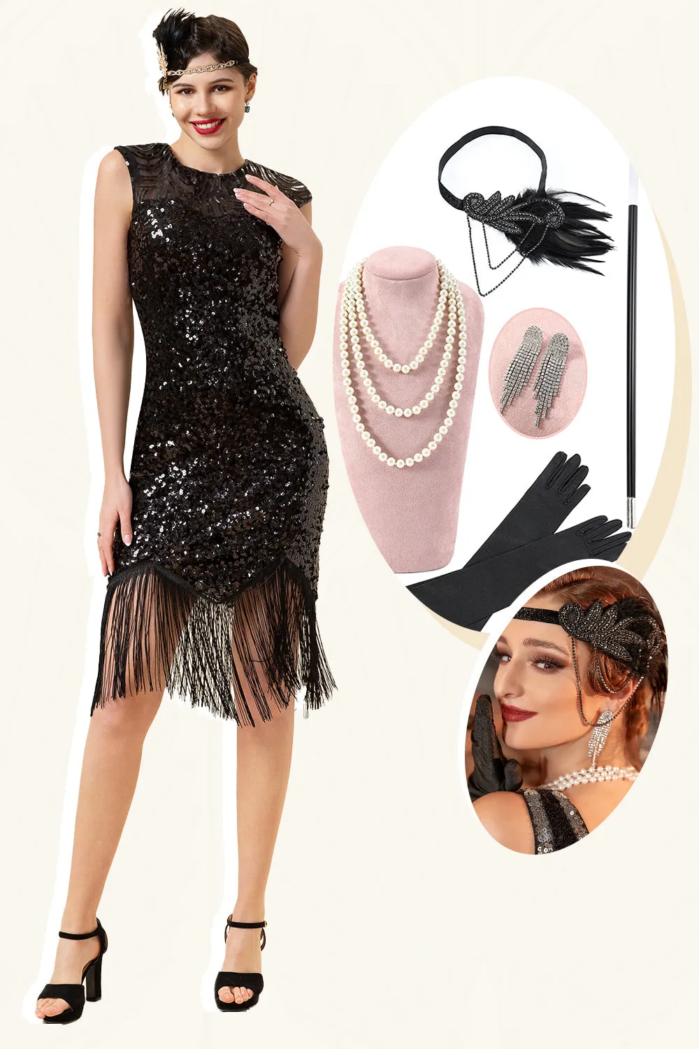 Frange di paillettes nere Abiti anni '20 con set di accessori anni '20