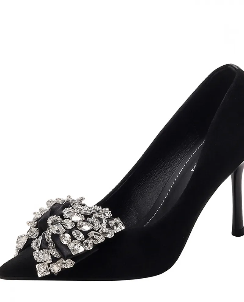 French High Heels Women's Stiletto  Style New Girl's Suede Rhinestone Bow Pointed Toe Black Shoes