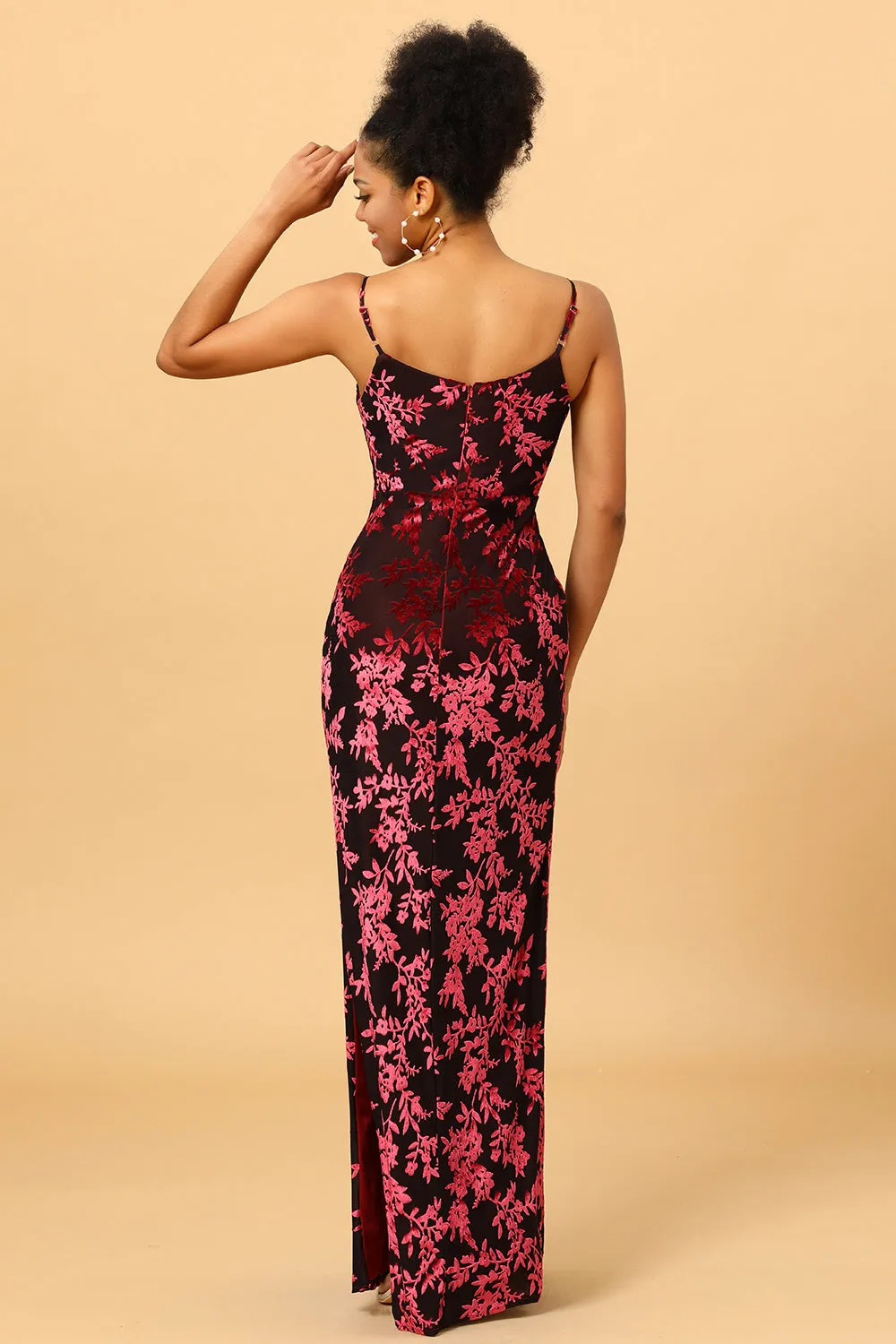 Guaina Spaghetti Cinghie Borgogna Stampato Velluto Lungo Prom Dress con limo