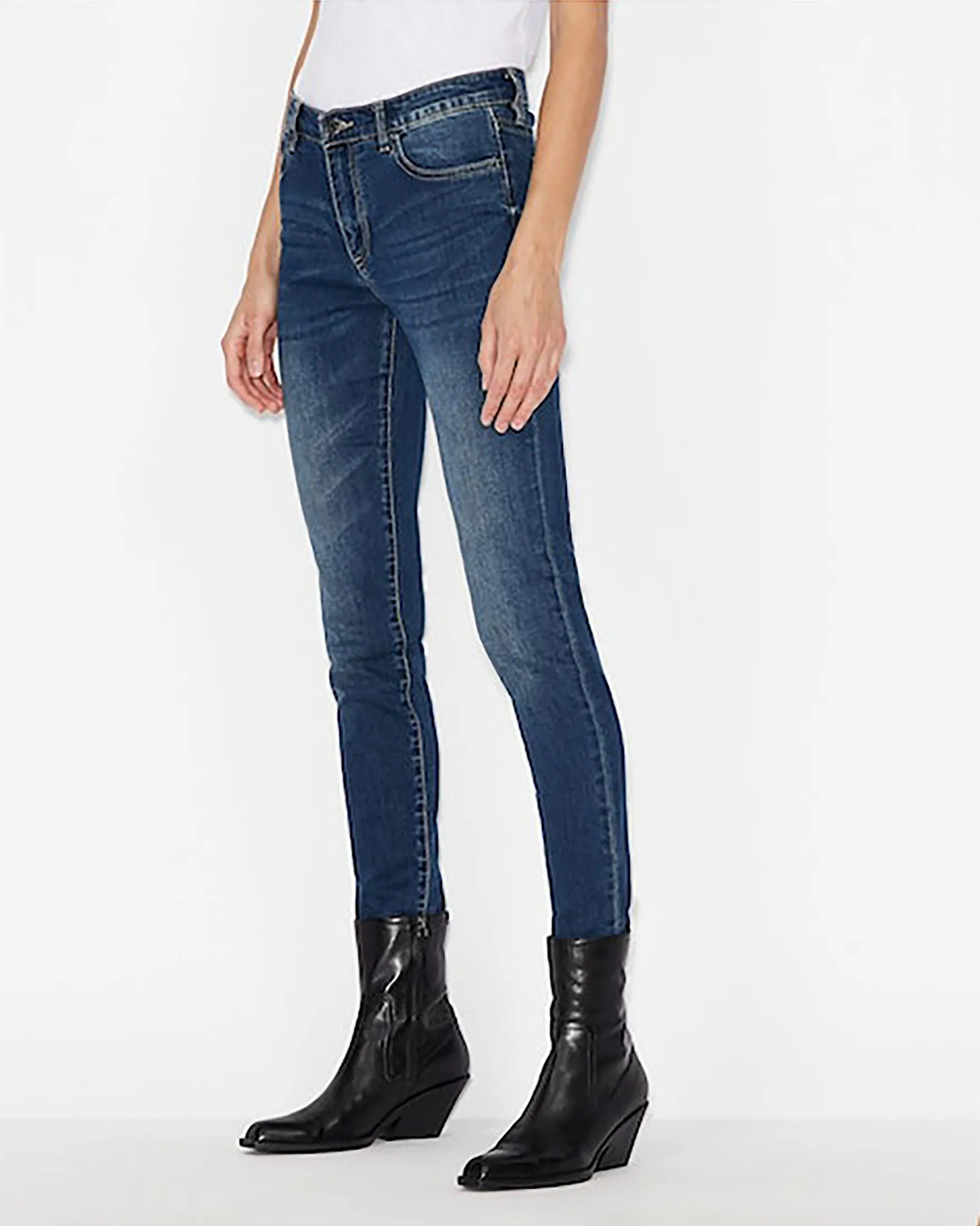 Jeans skinny blu mirato in cotone stretch con schiariture lungo le gambe