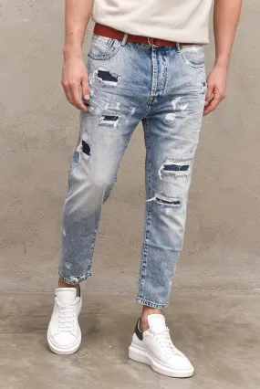 Jeans uomo mike carrot cropped fit con cintura, strappi chiaro. GL094FJEANS