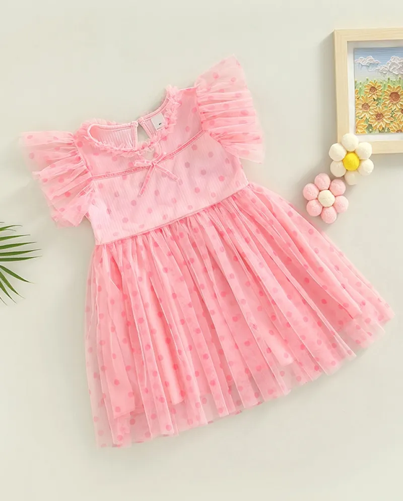 Kid Girl Fly Sleeve Dress Dot Pattern Mesh Patchwork Girocollo A Line Dress Casual Sweet Style Summer Clothes