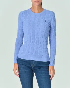 Maglia azzurra lavorata a trecce in misto lana e cachemire con logo ricamato a contrasto sul petto