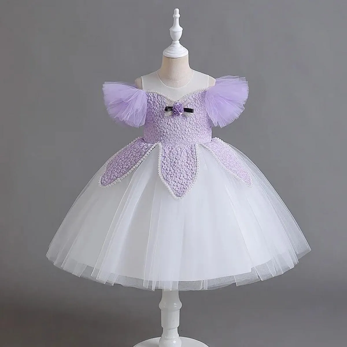 New Girls 'Little Flying Sleeves Pengpeng Princess Dress Contrast Pearl Princess Dress Piano Host Big Bow Performance Cl