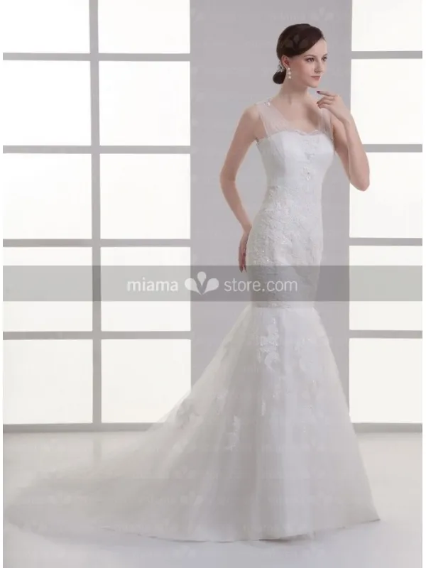 NICOLE - Mermaid V-neck Chapel train Tulle Wedding dress