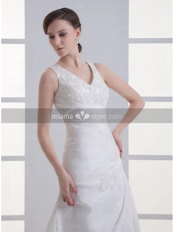 PAULINE - A-line V-neck Chapel train Taffeta Wedding dress