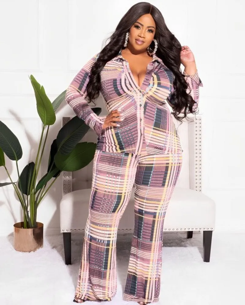 Plus Size Womens Set Plaid Long Sleeve Shirt And Striaght Wide Leg Pants Set 2022 Tracksuit Two 2 Piece Set Outfits