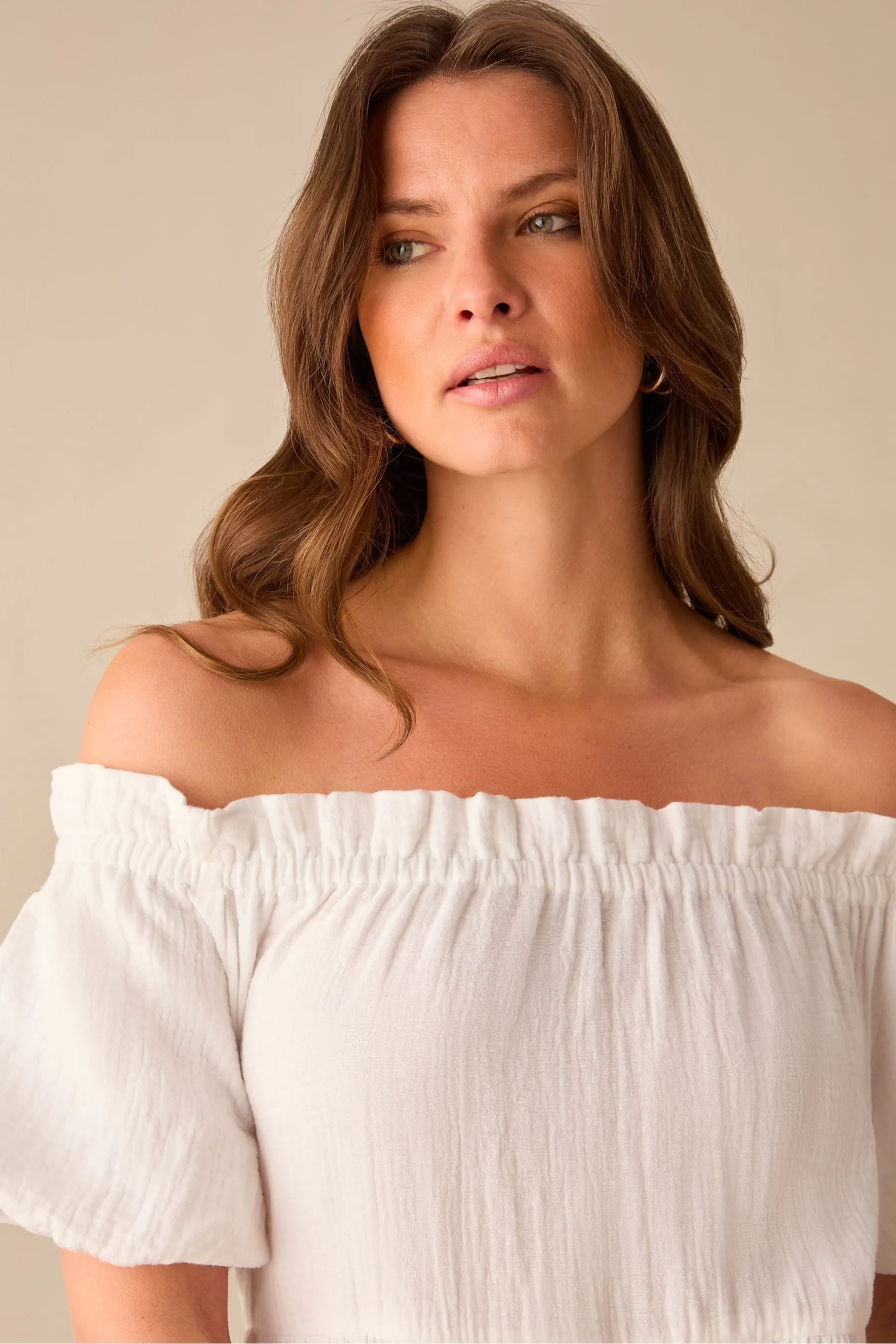 Ro&Zo Petite White - Off Shoulder Cheesecloth Dress