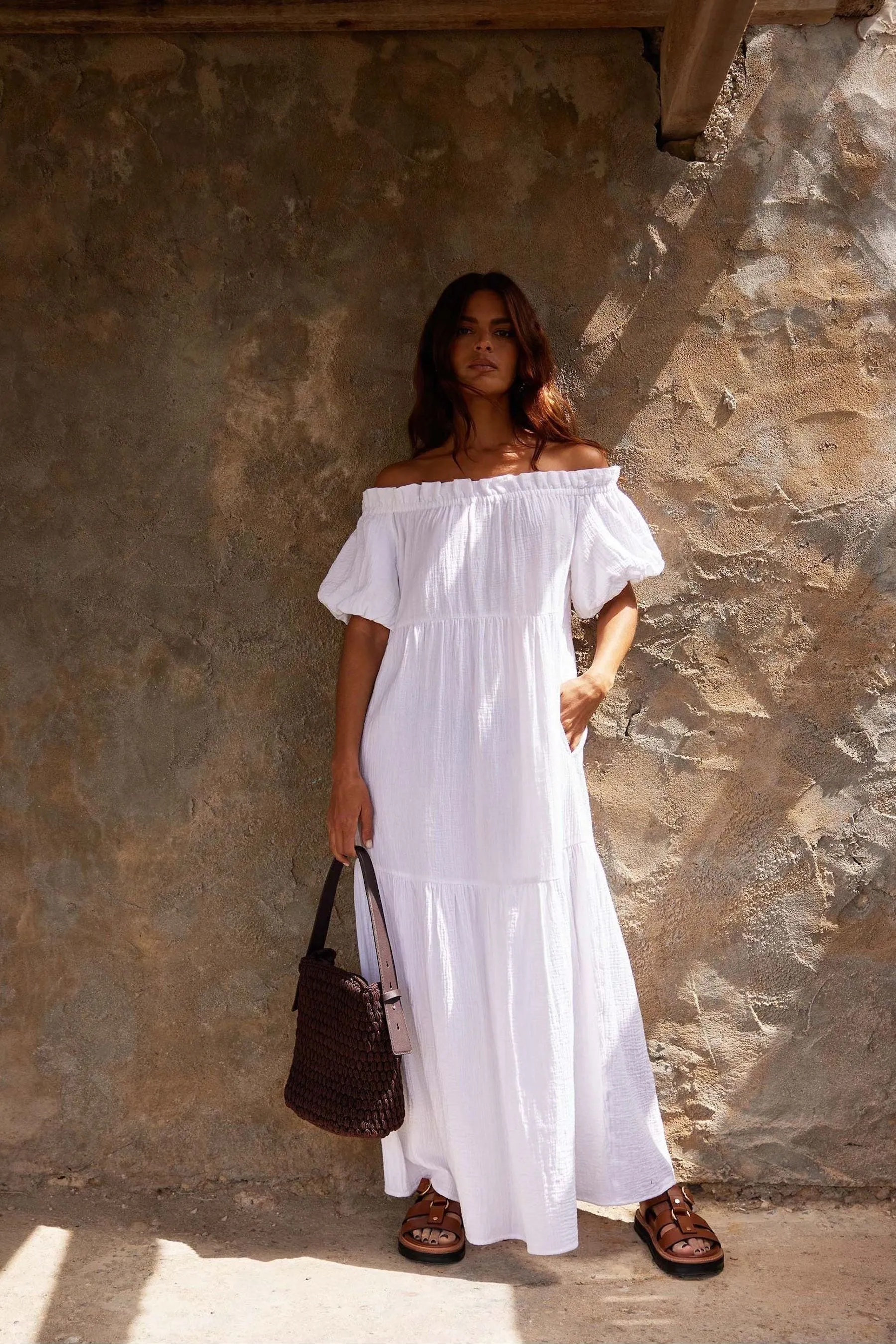 Ro&Zo White - Off Shoulder Cheesecloth Dress