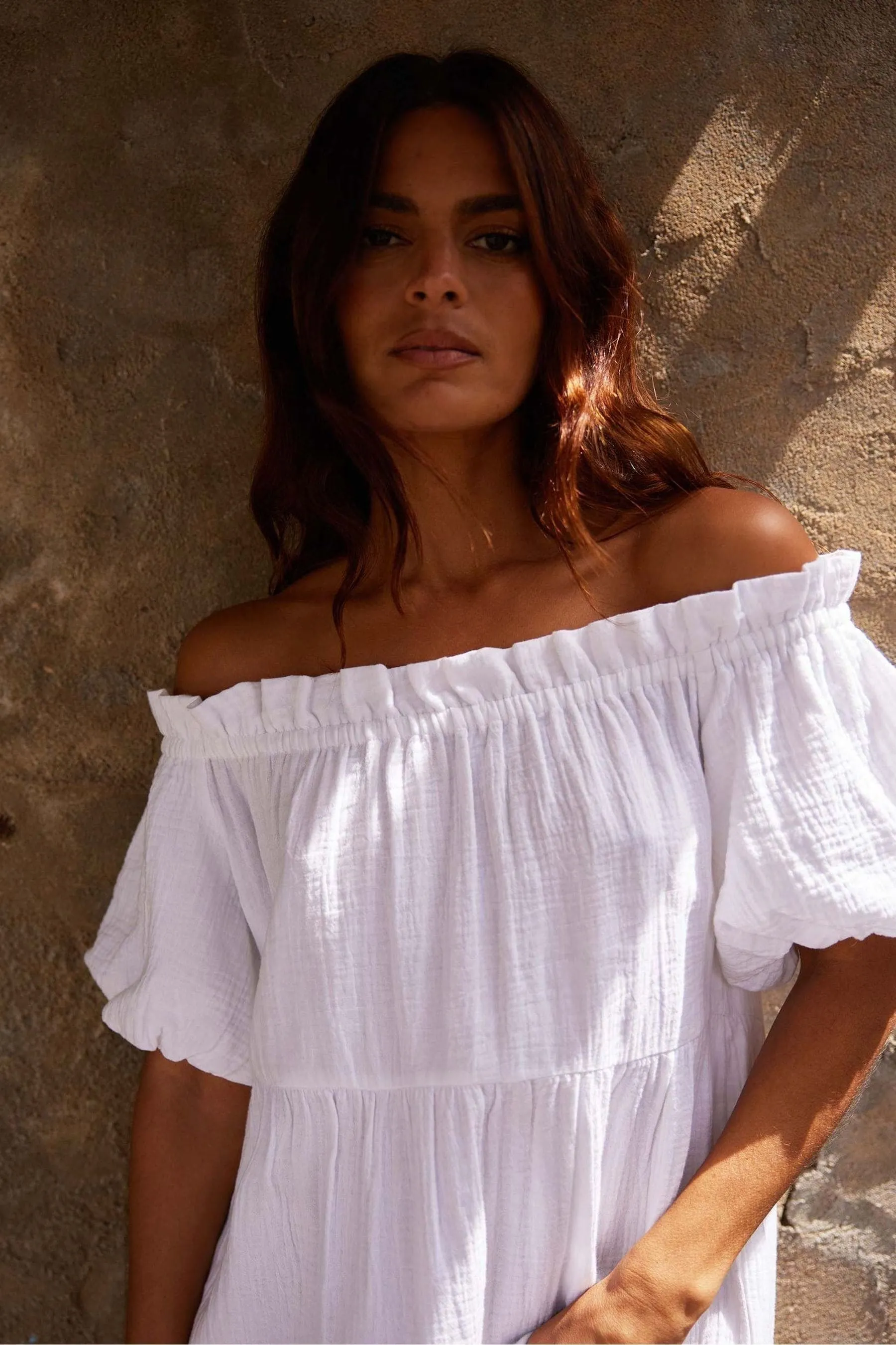 Ro&Zo White - Off Shoulder Cheesecloth Dress