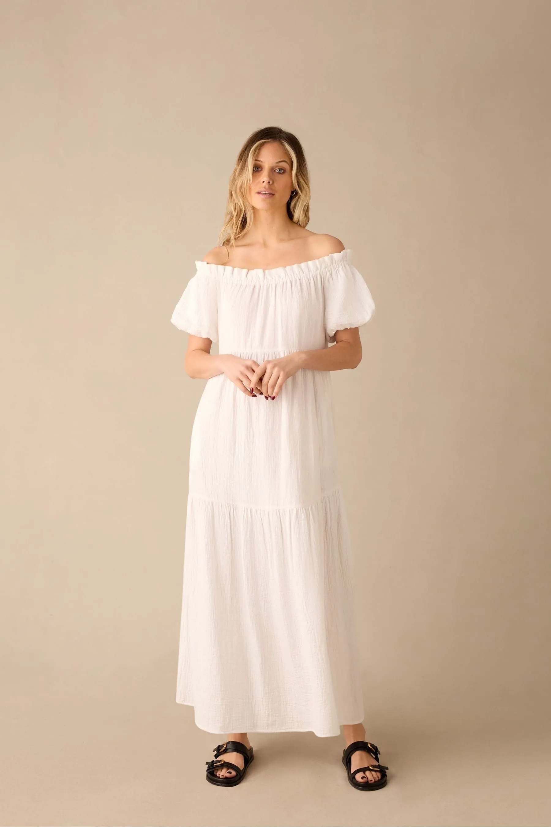 Ro&Zo White - Off Shoulder Cheesecloth Dress