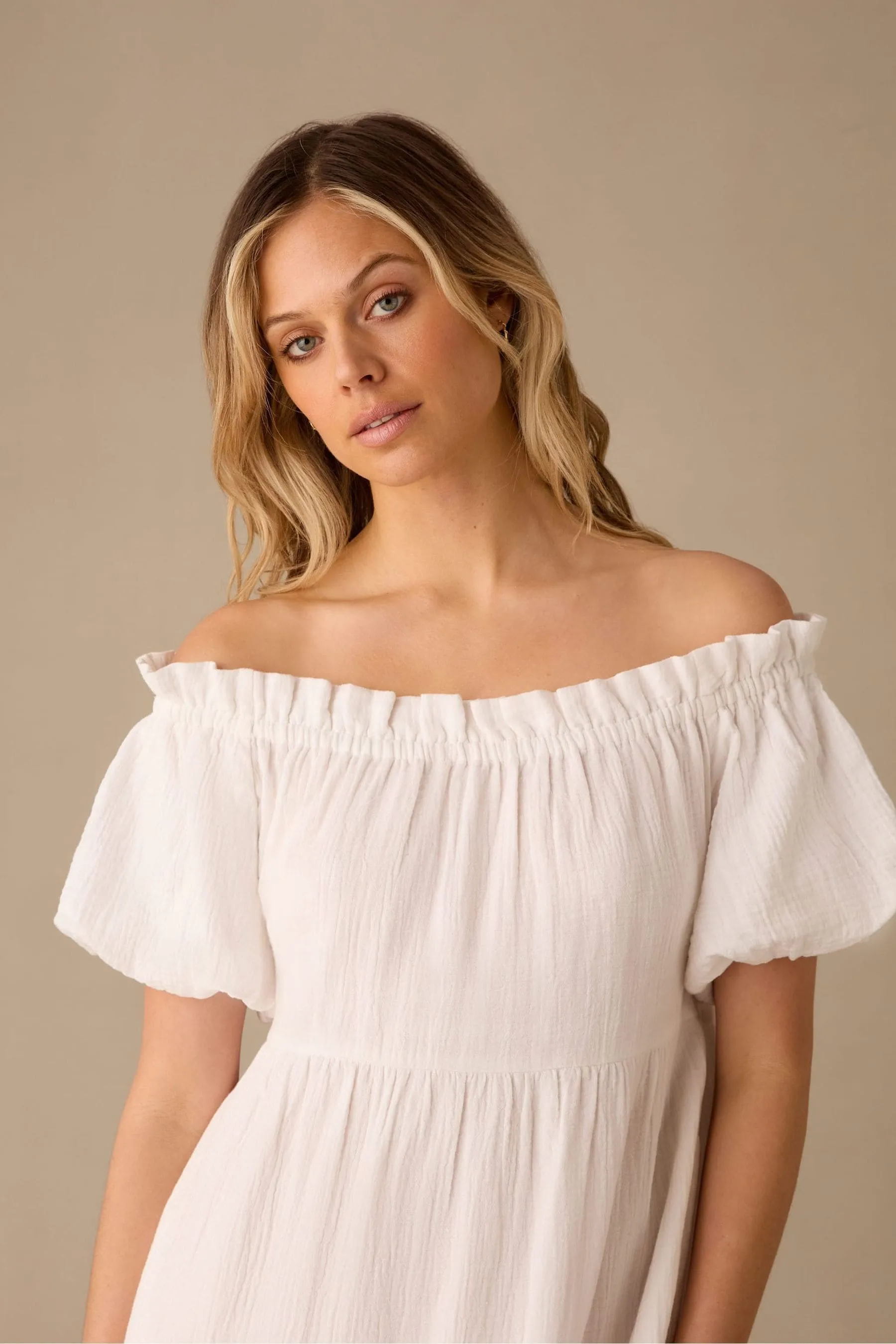 Ro&Zo White - Off Shoulder Cheesecloth Dress