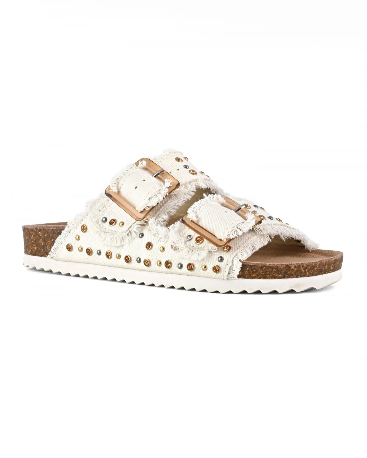 Sandali bianchi in denim di cotone con doppia fascetta e borchie in metallo e strass applicati
