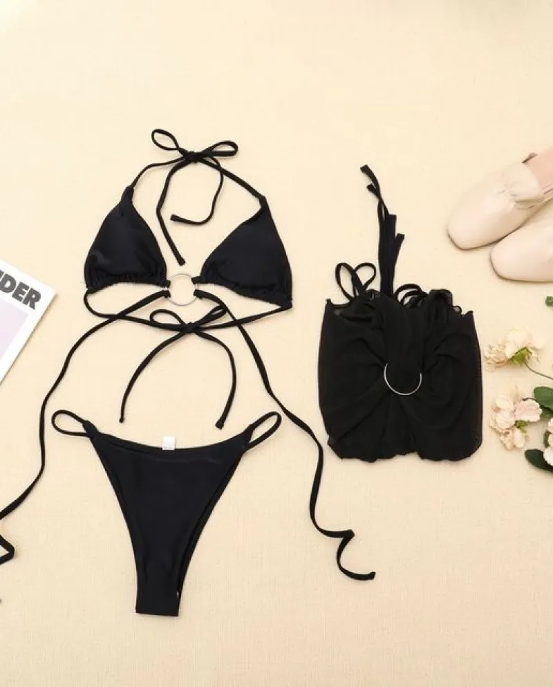 Set bikini da 3 pezzi con tunica da spiaggia nera Copricostume da donna in rete