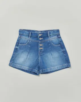 Short in denim a lavaggio medio stone washed a vita alta con bottoni 10-16 anni