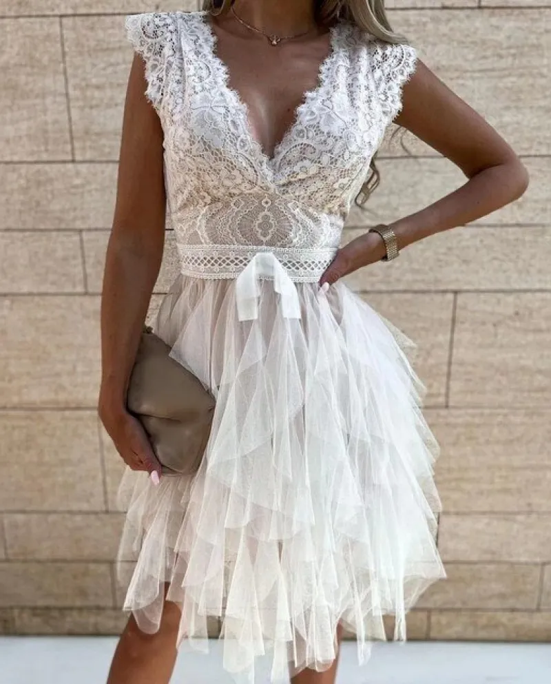 Womens Elegant Floral Lace Sleeveless Party Wedding Dress Slim Handkerchief Hem Asymmetrical Cocktail Party Swing Dress